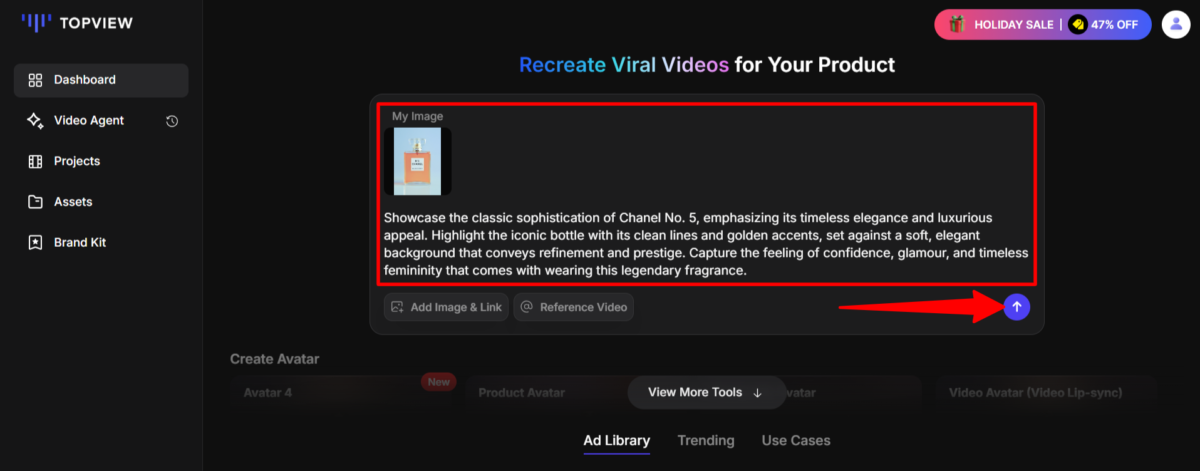 为 Topview 制作广告视频，上传一张香奈儿香水瓶的照片并添加描述。
