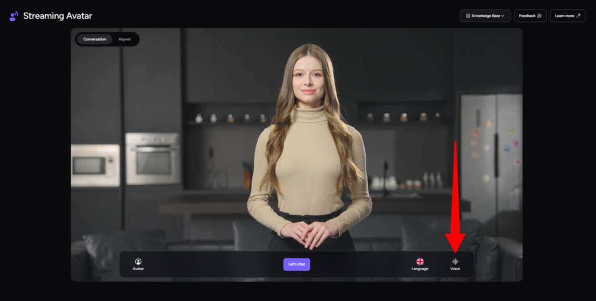 使用 Akool 创建流媒体头像时选择声音。