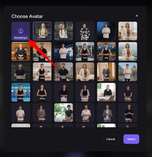 从 Akool 提供的选项中选择一个头像，然后选择自定义选项。
